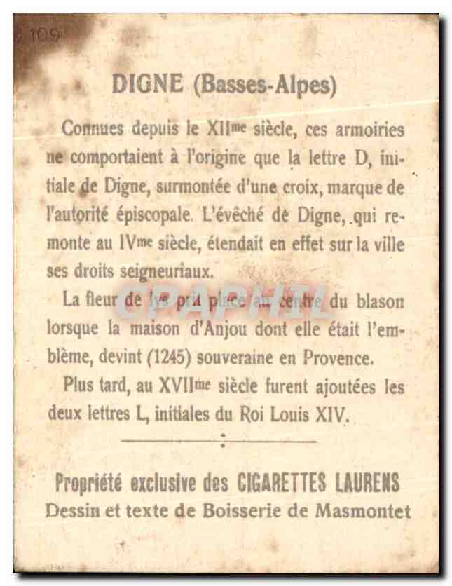 Image Le blason des Villes De France Digne Basses alpes Cigarettes laurens — Back