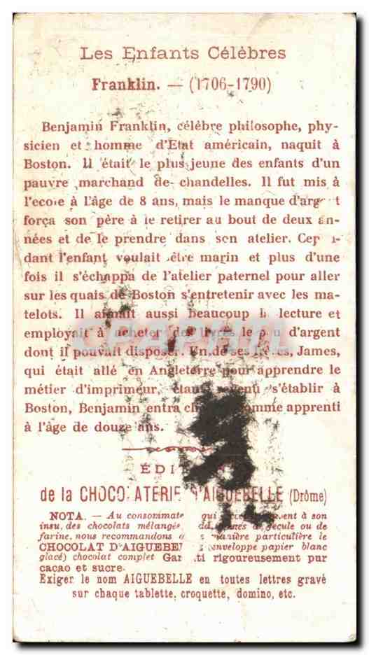 Chromo Chocolaterie d'Aiguebelle Benjamin Franklin — Rückseite