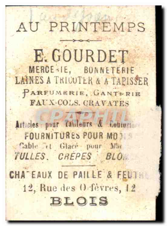 Image E Gourdet Mercerie Les Lauriers Du Capitaine Rue des Orfevres Blois  — Verso