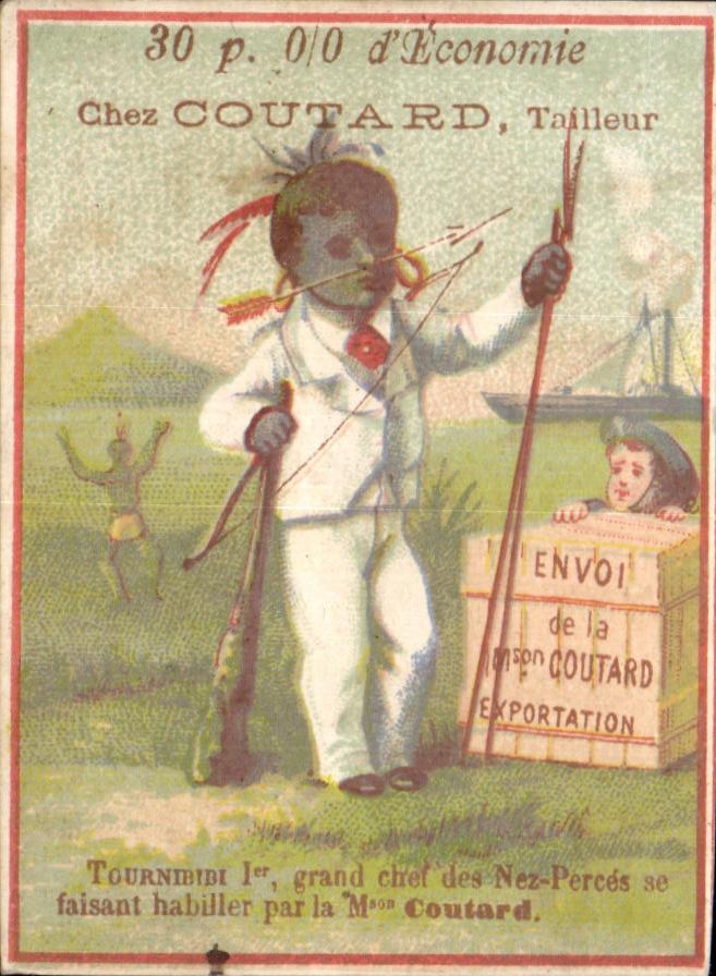 Chromo d'Econonie chez Coutard Tailleur Tournibibi grand chef des Nez Perces se faisant habiller