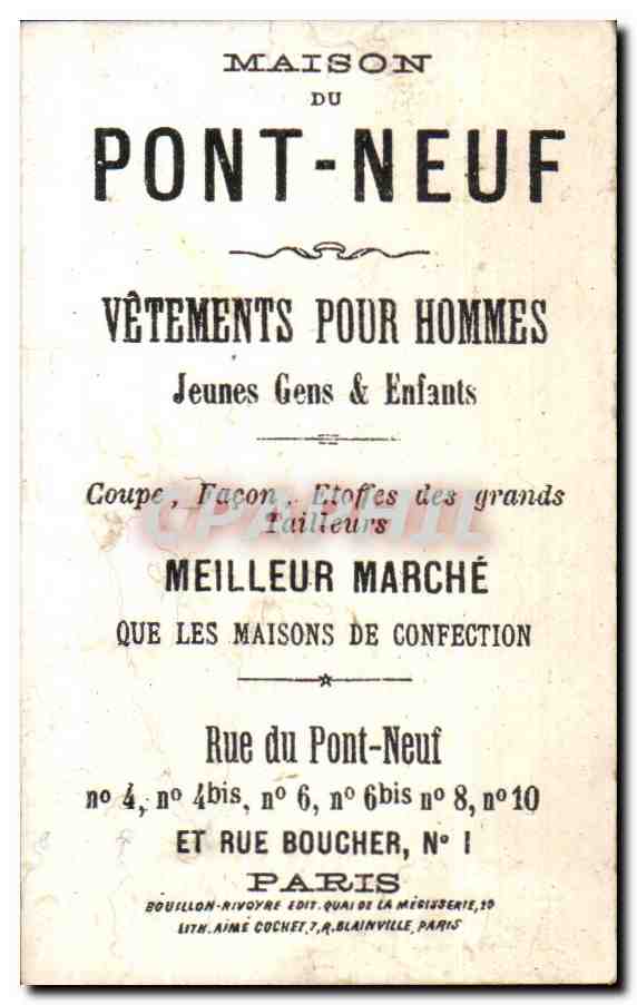 Chromo Maison Du Pont Neuf Paris Vetements pour hommes Tonnerlier  — Rückseite