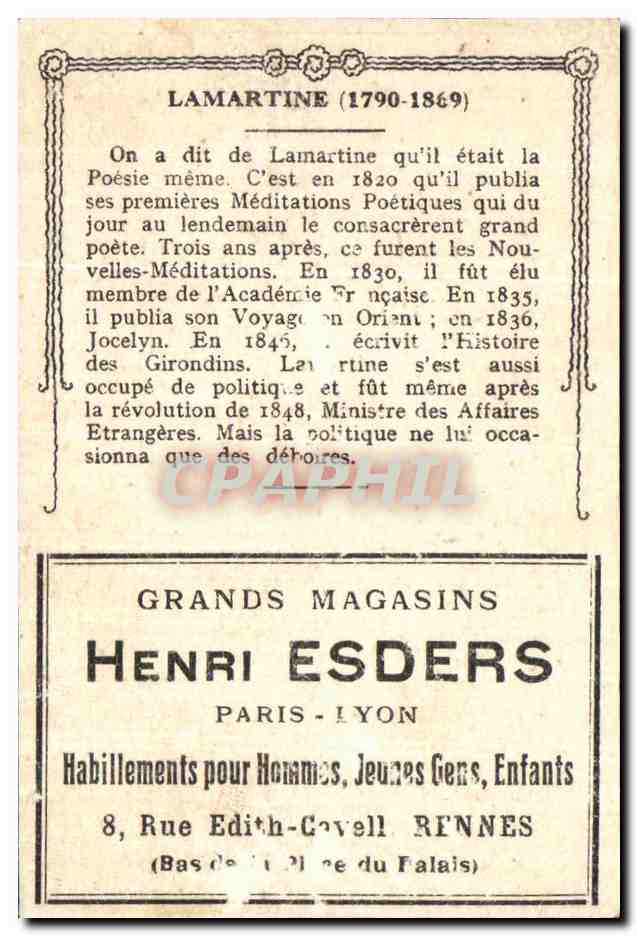 Image Lamartine Alphonse Marie Louis de Prat de Lamartine Poete francais ne a macon Grands Magasin Esders Rennes  — Rückseite