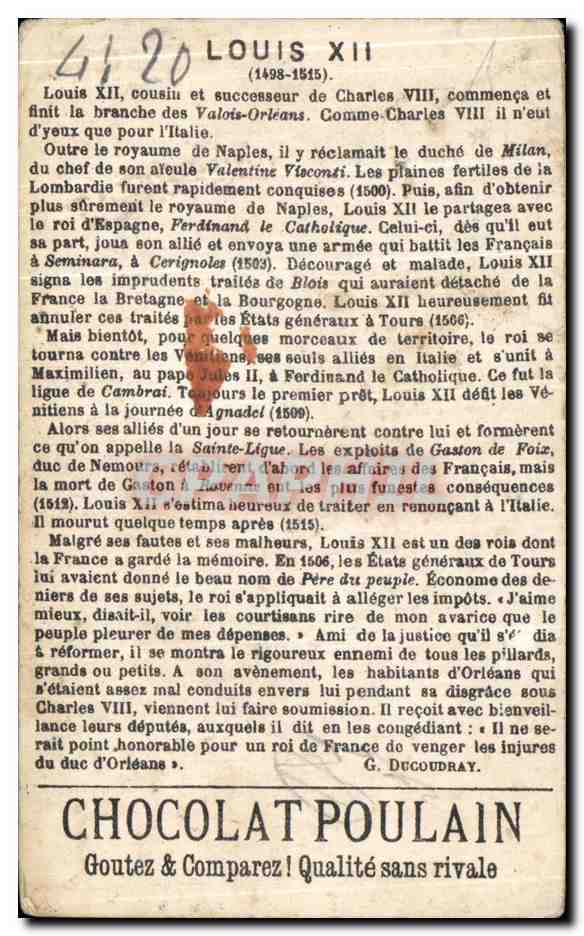 Chromo Chocolat Poulain Louis XII — Verso
