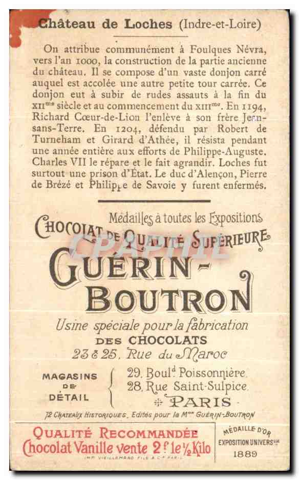 Image Chocolat Guerin Boutron Chateau De Loches  — Verso