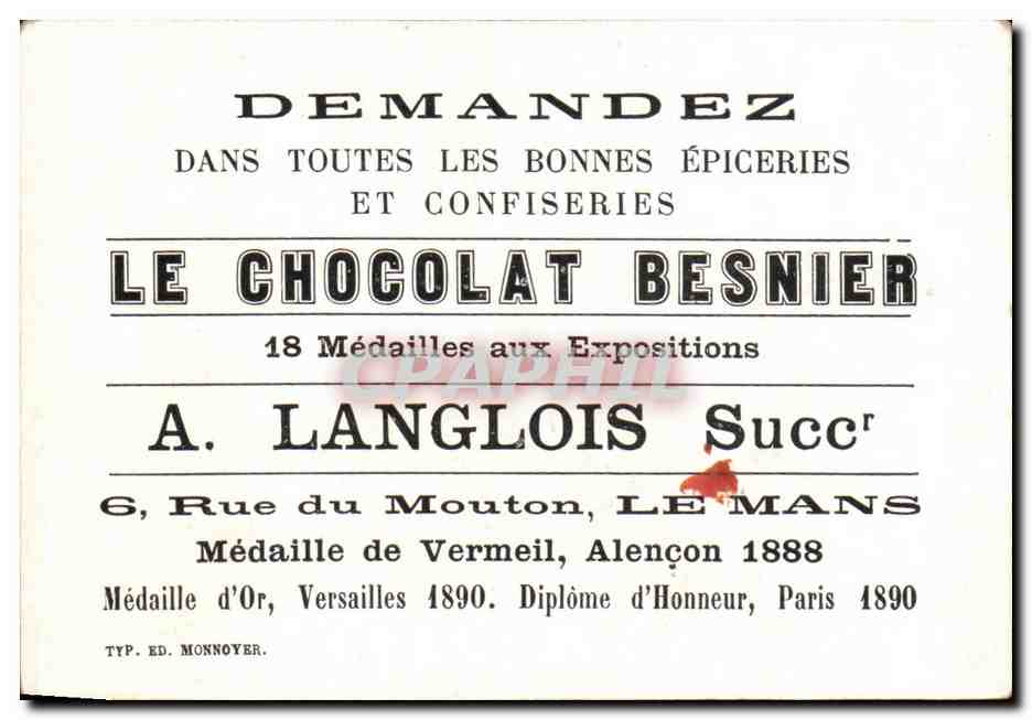Image Chocolat Besnier Rue du Mouton Le Mans Medaille de vermeille Alencon  — Verso