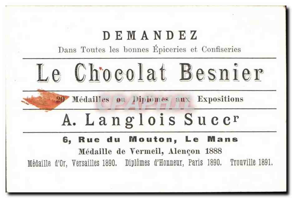 Image Chocolat Besnier Langlois Rue du Mouton Le Mans  — Rückseite