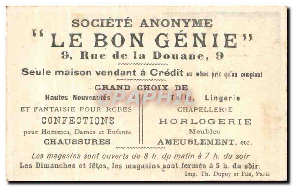 ChromoSociete Anonyme Le Bon Genie Rue de la Douane Seule Maison Vendant a Credit Enfants — Verso