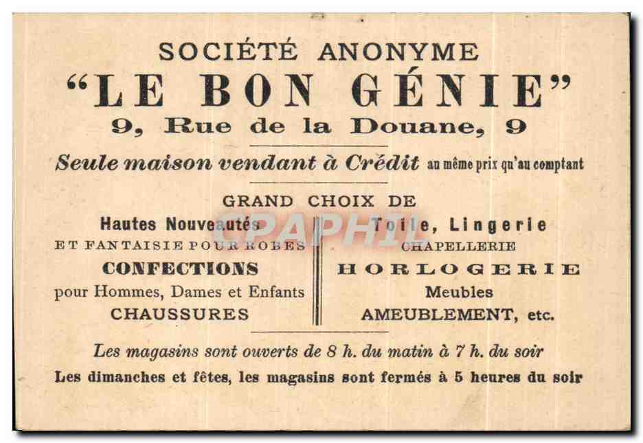 Chromo Societe Anonyme Le Bon Genie Rue de la Douane Seule Maison Vendant a Credit  — Rückseite