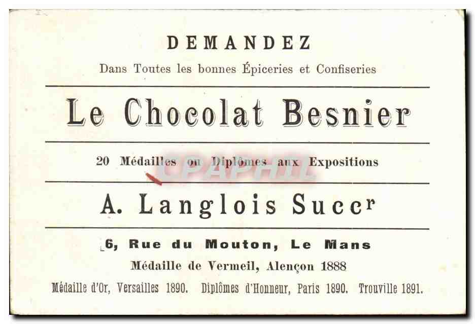 Image Chocolat Besnier Rue du Mouton Le Mans Oiseau — Rückseite