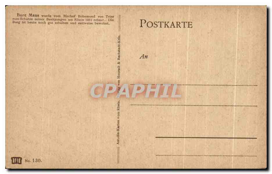CPA Burg Maus wurde vom Blachof Bohemund von Trier zum Schutze soiner Besitzungen am Rhein — Rückseite