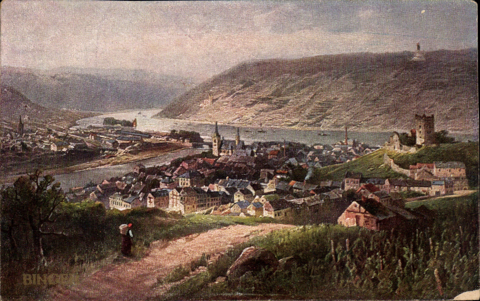 Bingen — vue panoramique du Rhin et des collines — éditeur Artstüff Karten, n° 107