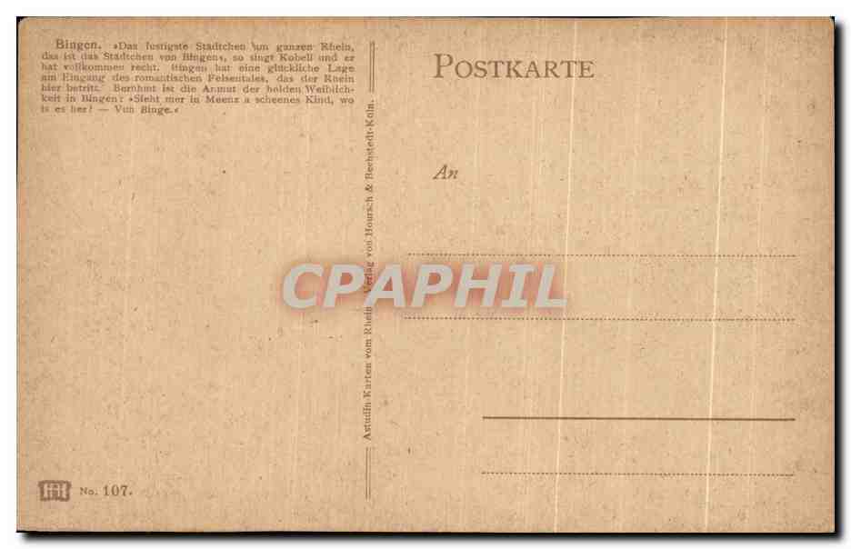 Bingen — vue panoramique du Rhin et des collines — éditeur Artstüff Karten, n° 107 — Achterkant