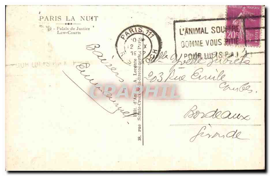 CPA Paris La Nuit Palais de Justice Law Courts — Rückseite