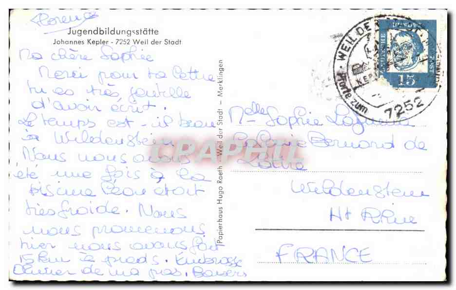 CPA Jugendbildunge statte johannes kepter Weil der stadt — Rückseite