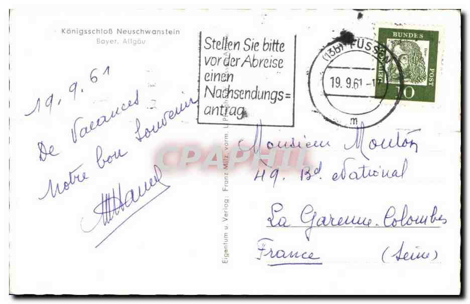 CPA Konigsscholb Neuschwanstein Boyer Attgov Stellen Sie Bitte vor der Abreise einen Nachsendungs antrag — Rückseite
