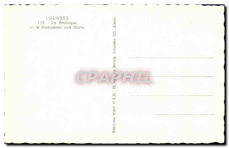 CPA Lourdes La Basilique et le Monument aux Morts — Verso