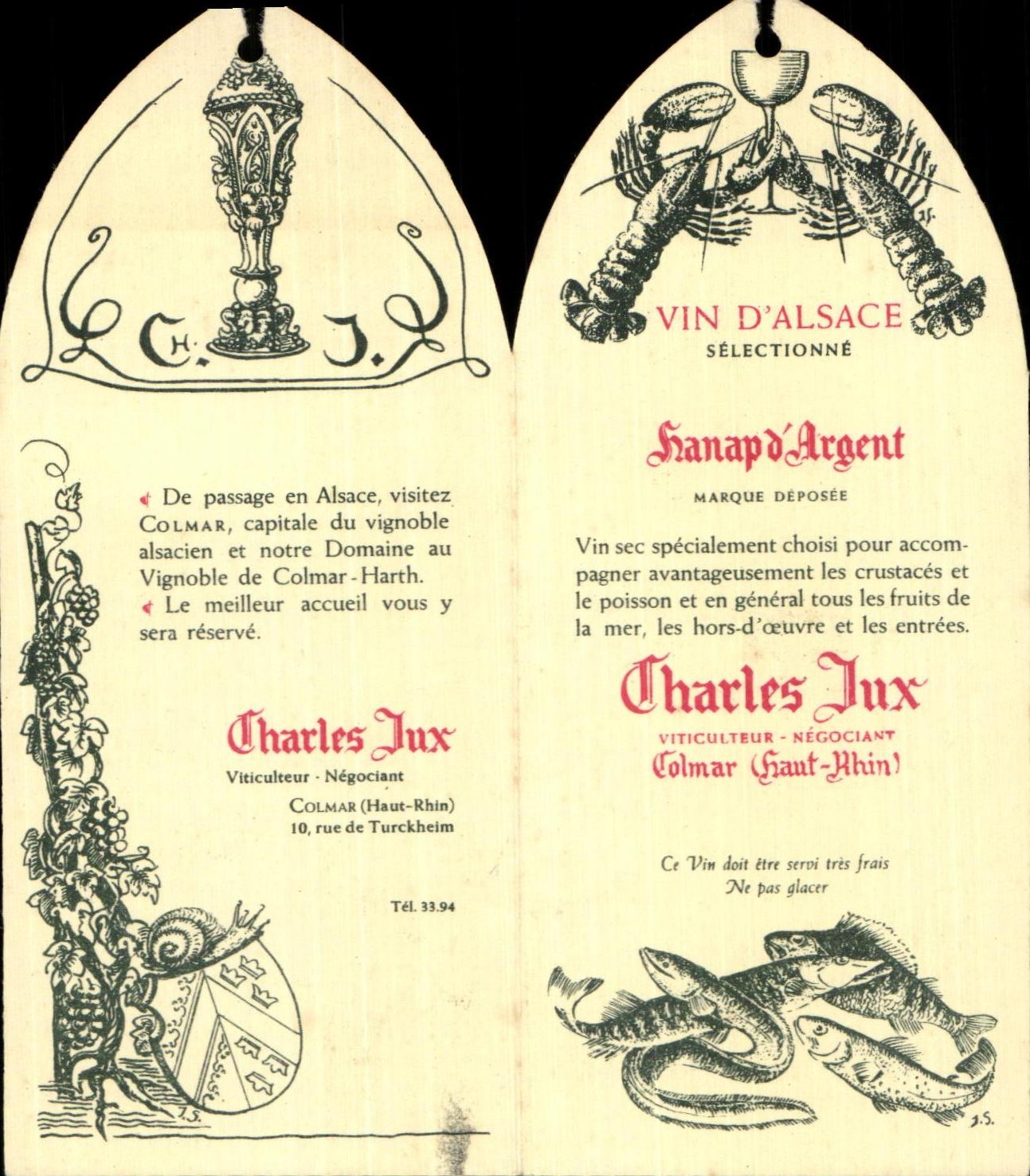 Etiquette Vin D'Alsace Hanap d'argent Homard Poissons Charles Lux Colmar Rue de Turckeim