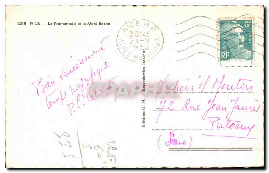 CPA Nice La Promenade et le Mont Boron — Verso
