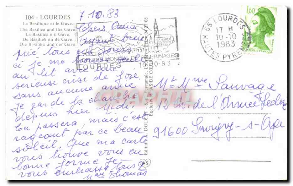 CPM Lourdes La Basilique et le Gave The Basilica and the Gave — Verso
