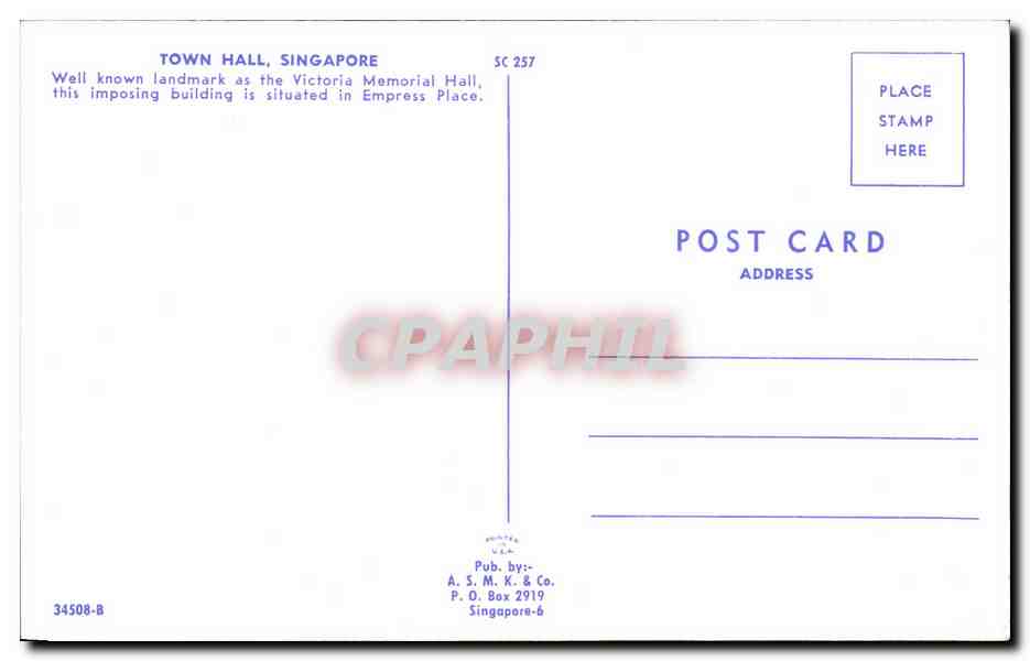 CPSM Town Hall Singapore Well known landmard as the Victoria Memorial Hall this imposing building — Rückseite