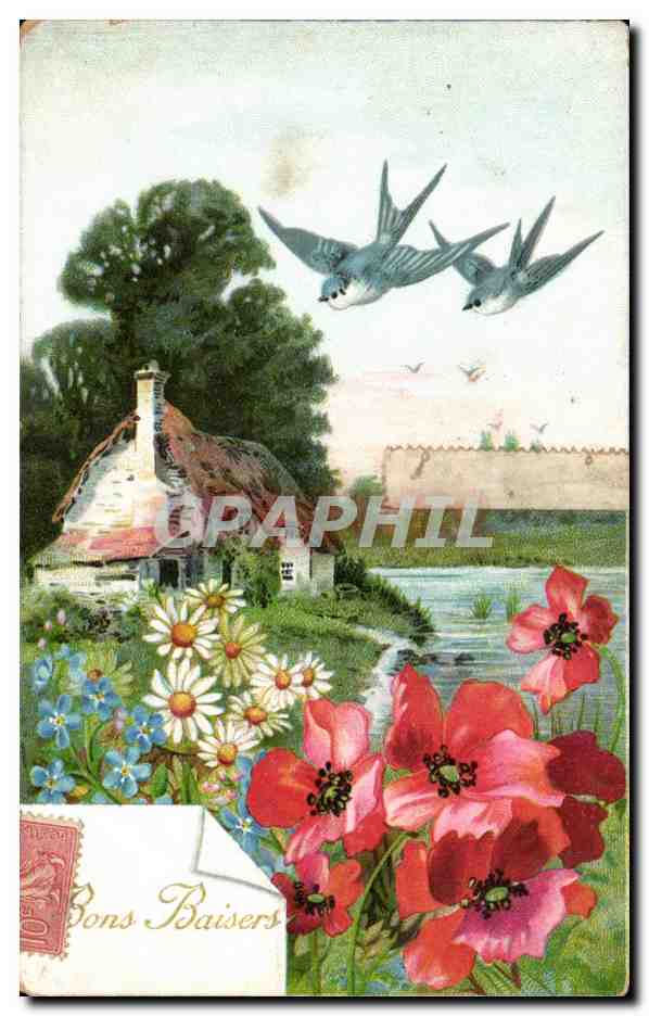 CPA Fantaisie Bons Baisers Hirondelles Fleurs 
