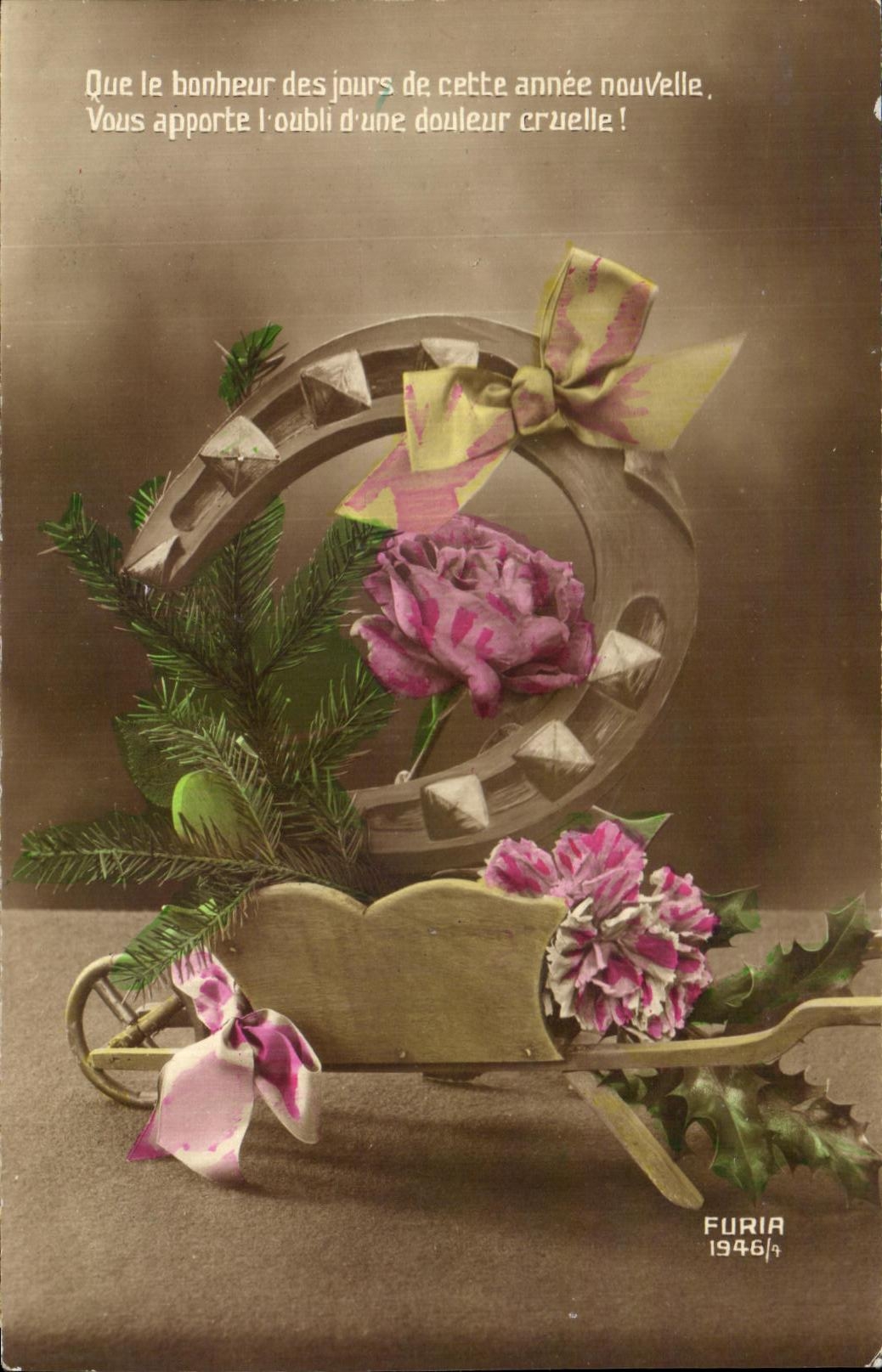 CPA Fantaisie Fleurs Fer a cheval