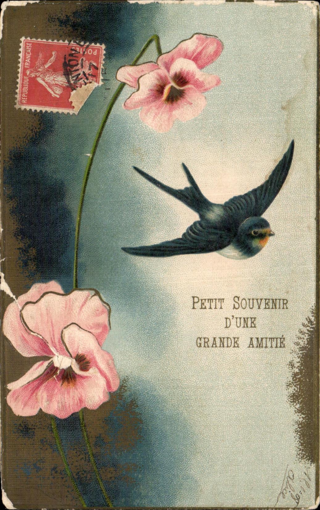 CPA Fantaisie Fleurs Hirondelle Petit Souvenir D'Une Grande Amitie