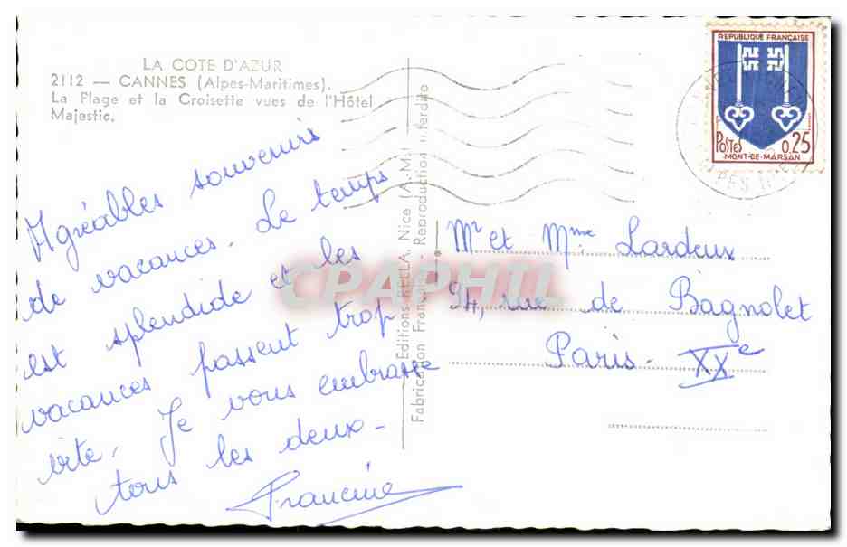 CPA La cote d'azur Cannes La plage et la Croisette vues de l'hotel Majestic — Verso