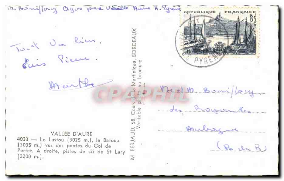 CPA Vallee d aure le lustou le batoua vus des pentes du col de portet a droite pistes de ski st lary — Verso