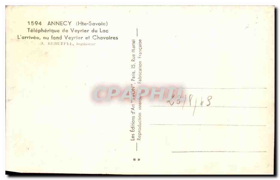 Téléphérique de Veyrier du Lac — L'arrivée, au fond Veyrier et Chavoirs — Les Éditions d'Art "YVON", Paris — Verso