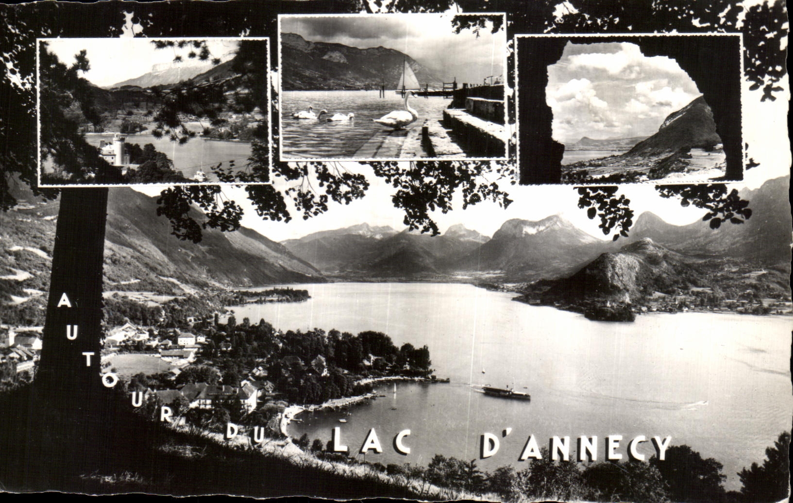 Autour du lac d'Annecy — vue panoramique avec trois vignettes — Éditions Cigogne, Lyon