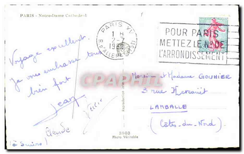 CPA Paris notre dame La cathedrale — Verso
