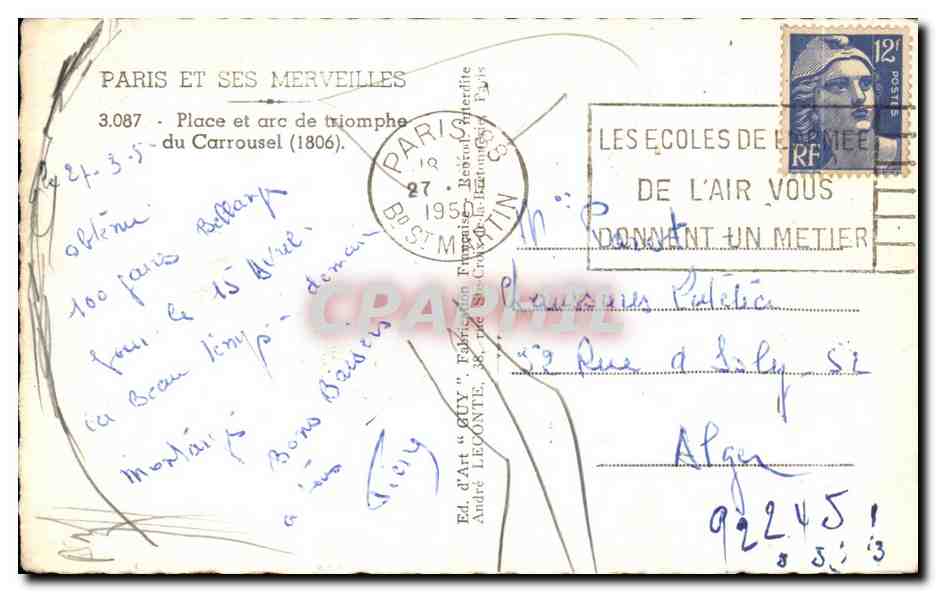 CPA Paris et ses merveilies place et arc de triomphe du carrousel — Rückseite