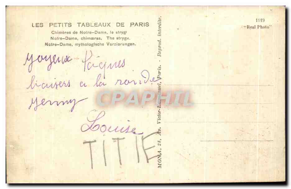 CPA Les petits tableaux de paris chimeres de notre dame le stryg  — Verso
