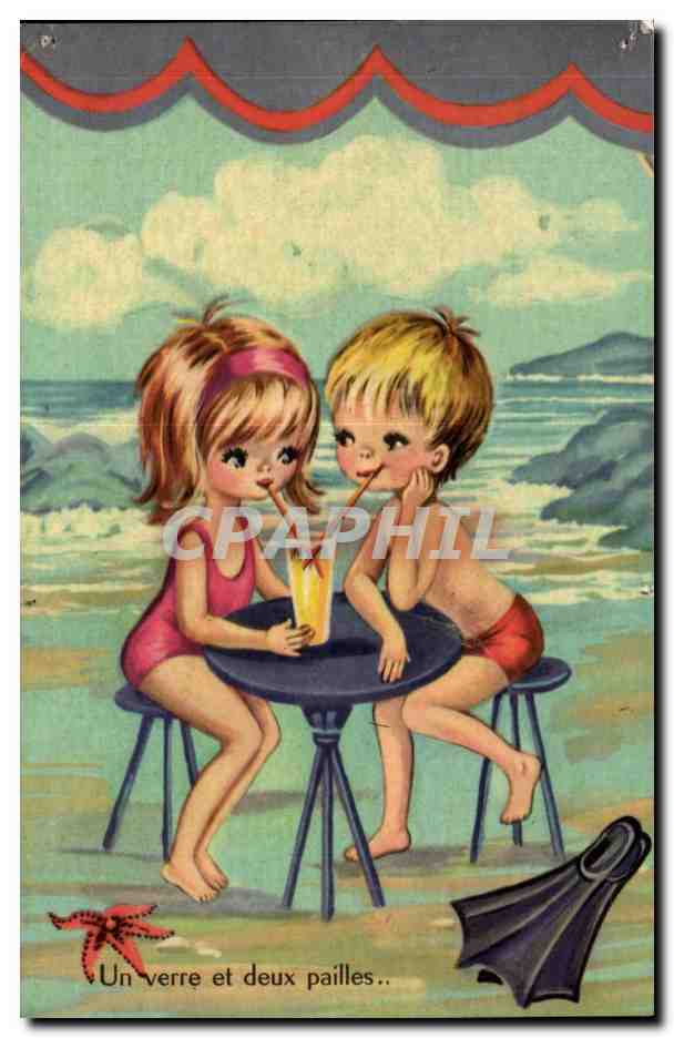 CPSM Un verre et deux pailles Enfants