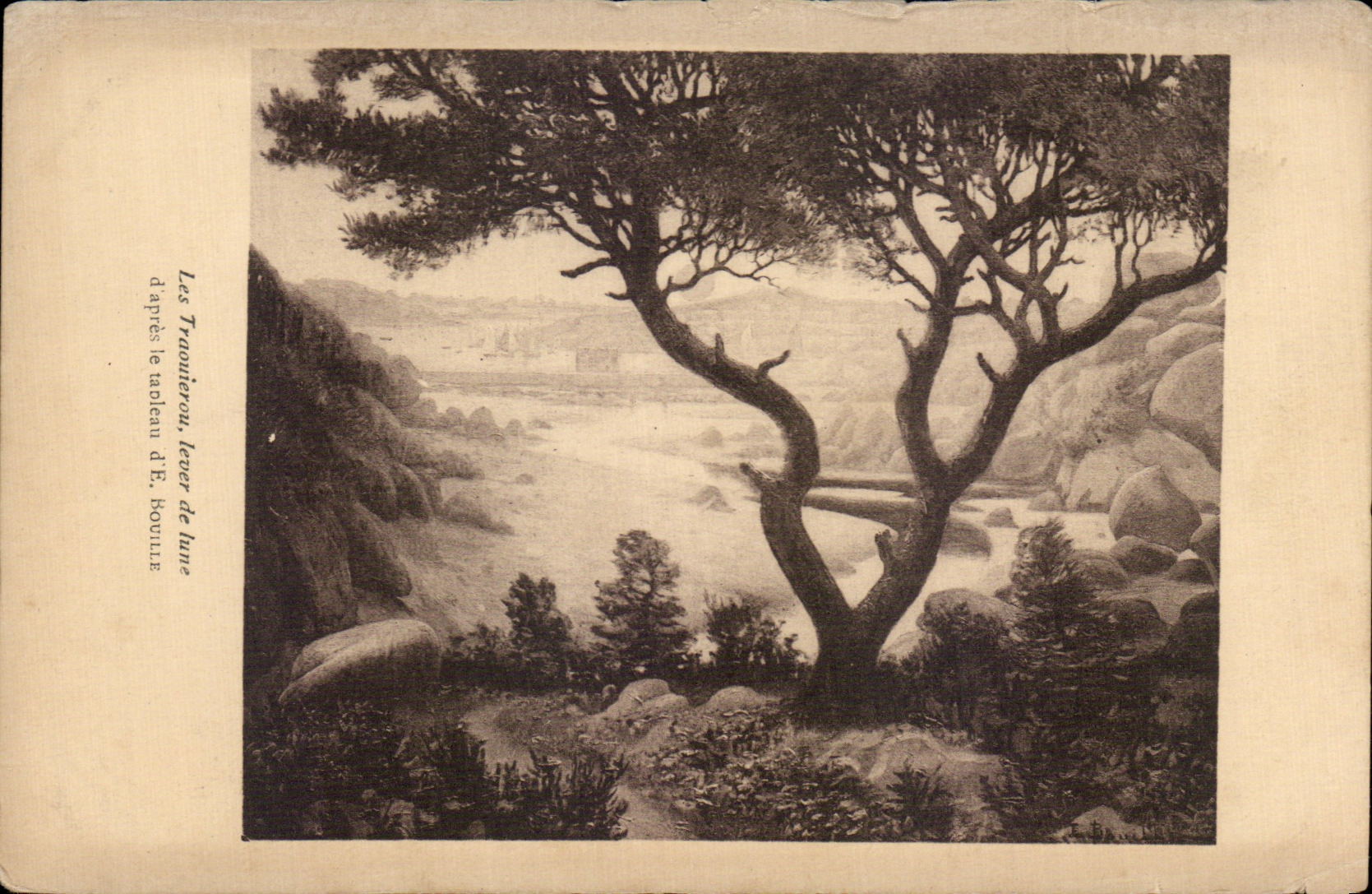 Vintage Postcard View of Les Traouierou at Moonrise after the painting by E Bouille