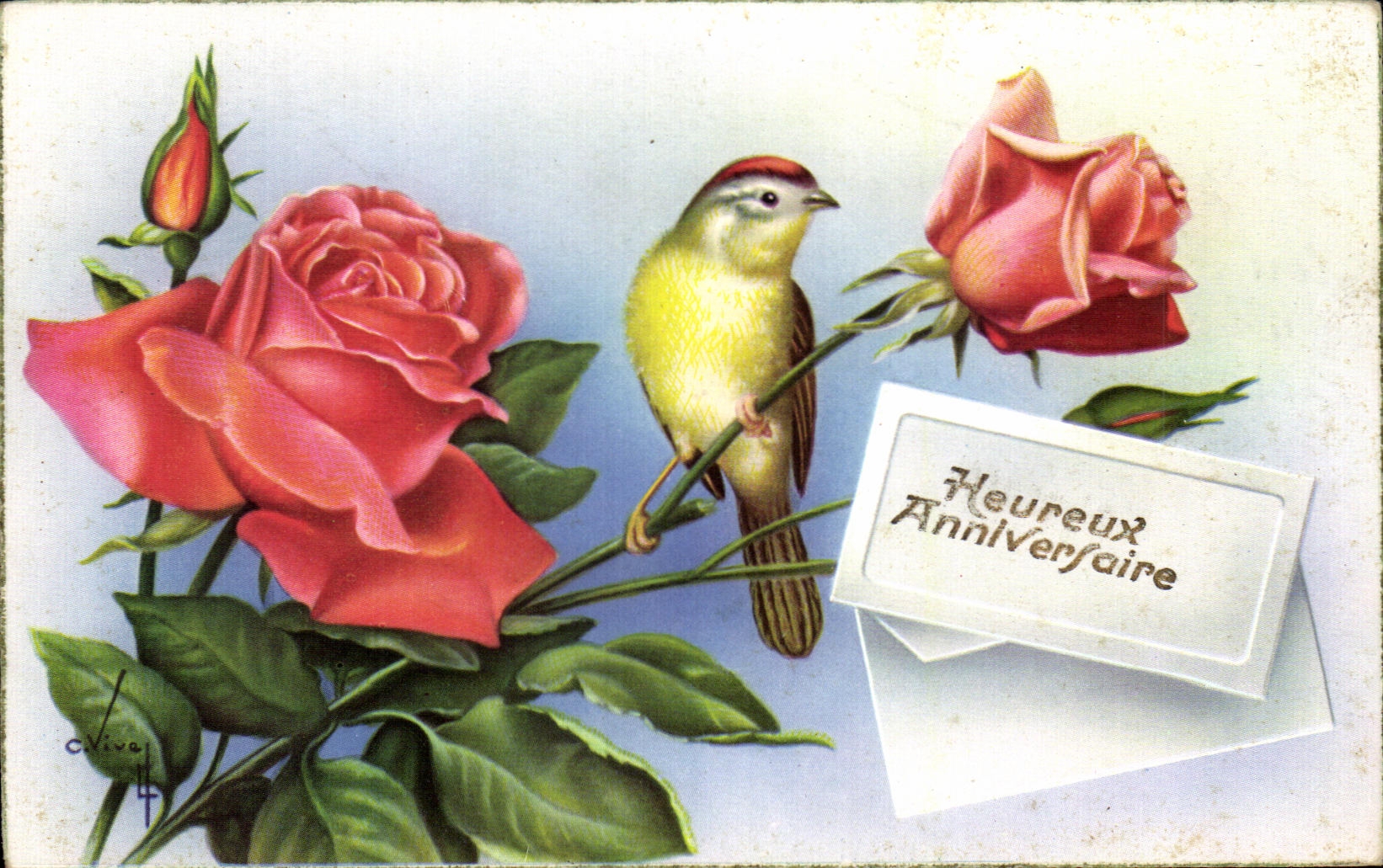 CPA Fantaisie Heureux Annlversaire Oiseau