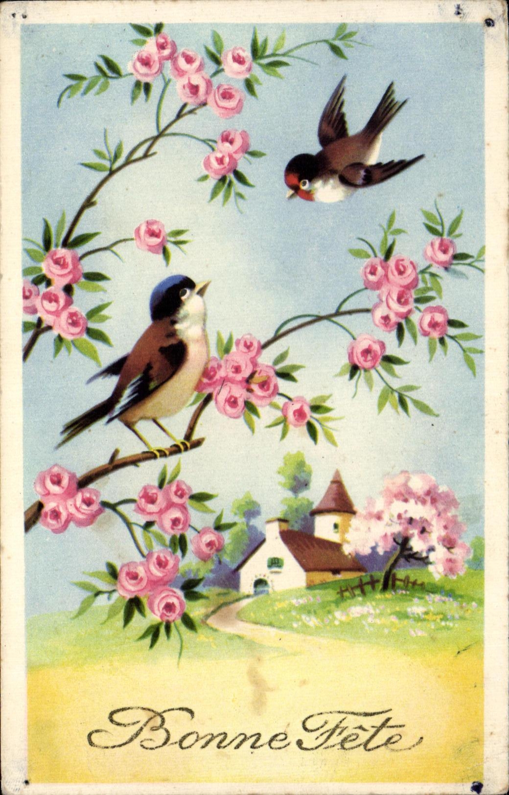 CPA Fantaisie Bonne Fete Fleurs Oiseaux