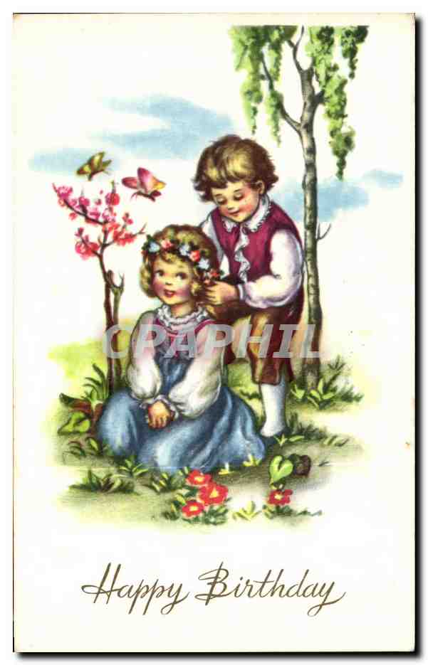 Kinder, die im Garten spielen — Happy Birthday — Verlag RB, Belgien