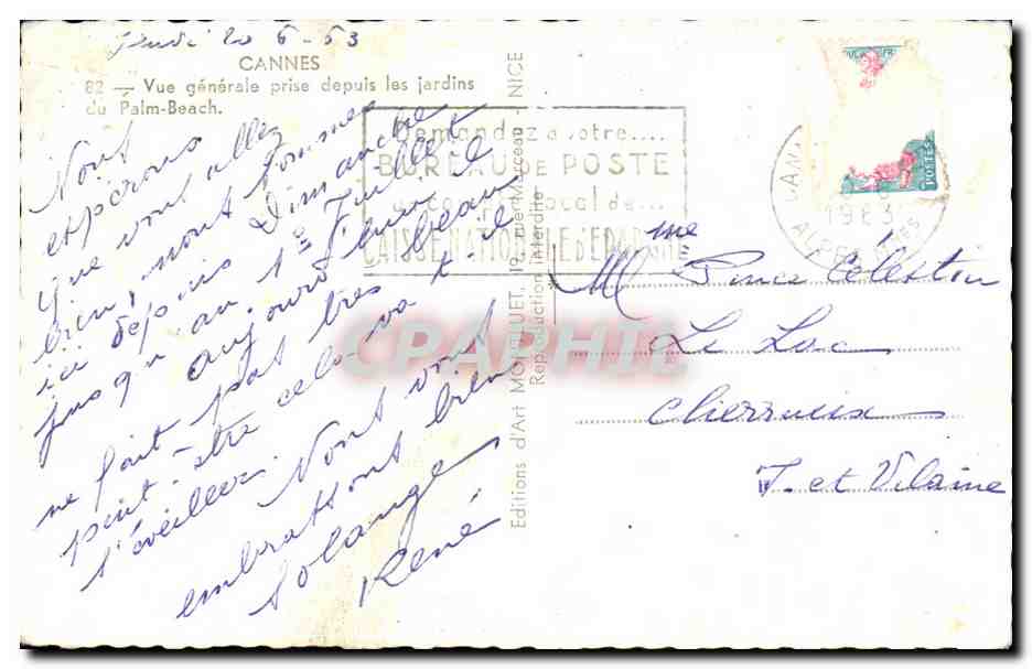 CPA Cannes Vue generale prise depuis les jardins Palm Beach — Verso