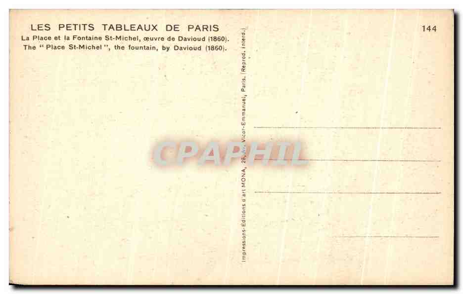 CPA Paris Place et fontaine St Michel Davioud  — Verso