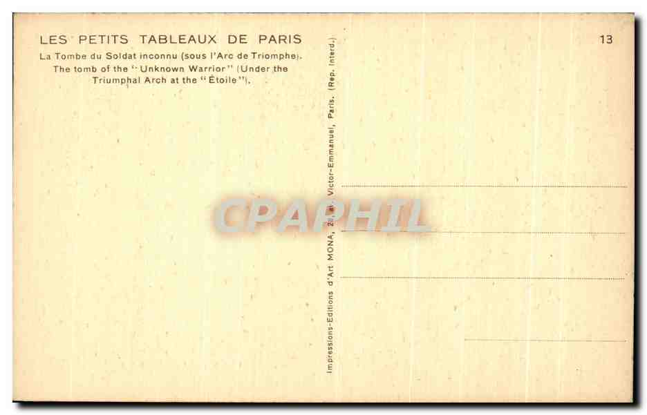 CPA Les Petits Tableaux De Paris La Tombe du Soldat inconnu  — Rückseite