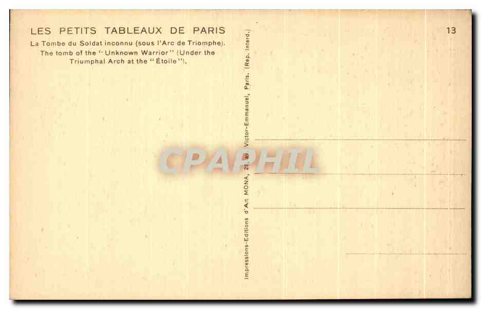 CPA Les Petits Tableaux De Paris La Tombe du Soldat inconnu Arc de triomphe — Rückseite