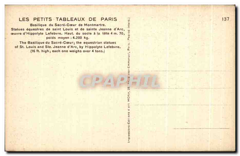 CPA Les Petits Tableaux De Paris Basilique du sacre Coeur de Montmartre Le Porche Principal — Rückseite