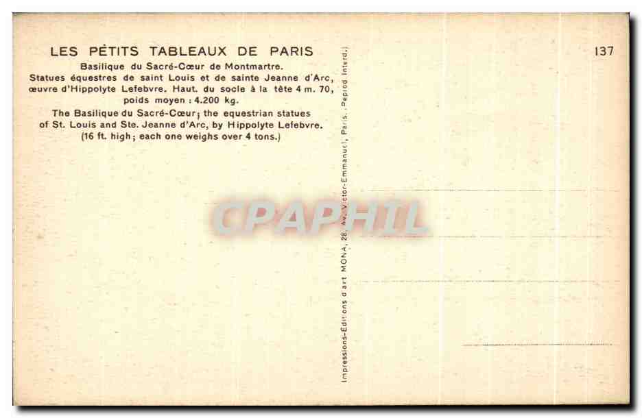 CPA Les Petits Tableaux De PAris Basilique du Sacre Coeur de Montmartre Statues equestres de Saint Louis et de Sainte Je — Rückseite
