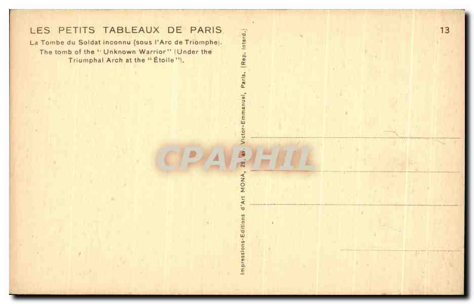 CPA Les Petits Tableaux De Paris La Tombe du Soldat inconnu THe tomb of the Unknown Warrior  — Rückseite