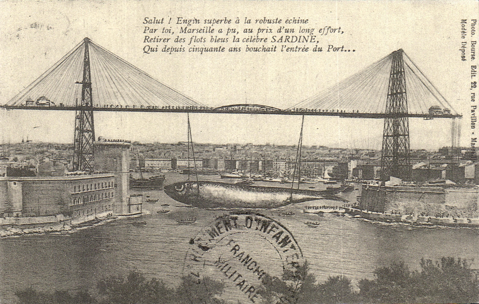 Marseille, pont transbordeur — montage photographique humoristique — Photo. Bouatre, Éd. 22, rue Parillon - Marseille