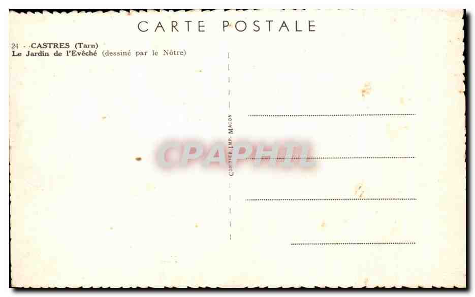 Jardin de l'Evêché — Castres (Tarn) — dessiné par le Nôtre — Verso