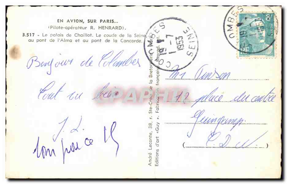 Luftbild von Paris — Palais de Chaillot, Biegung der Seine, Brücken von Alma und Concorde — Art Editions 'Guy' n°3.517 — Rückseite
