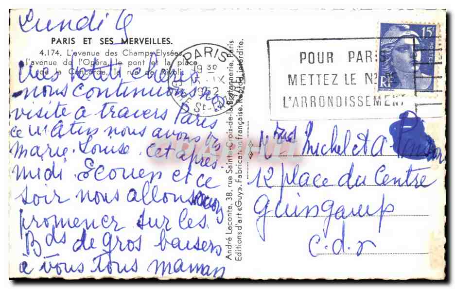 Paris und seine Wunder — Avenue de l'Opéra, Pont de la Concorde, Rue de Rivoli — Éditions d'Art Guy — Rückseite